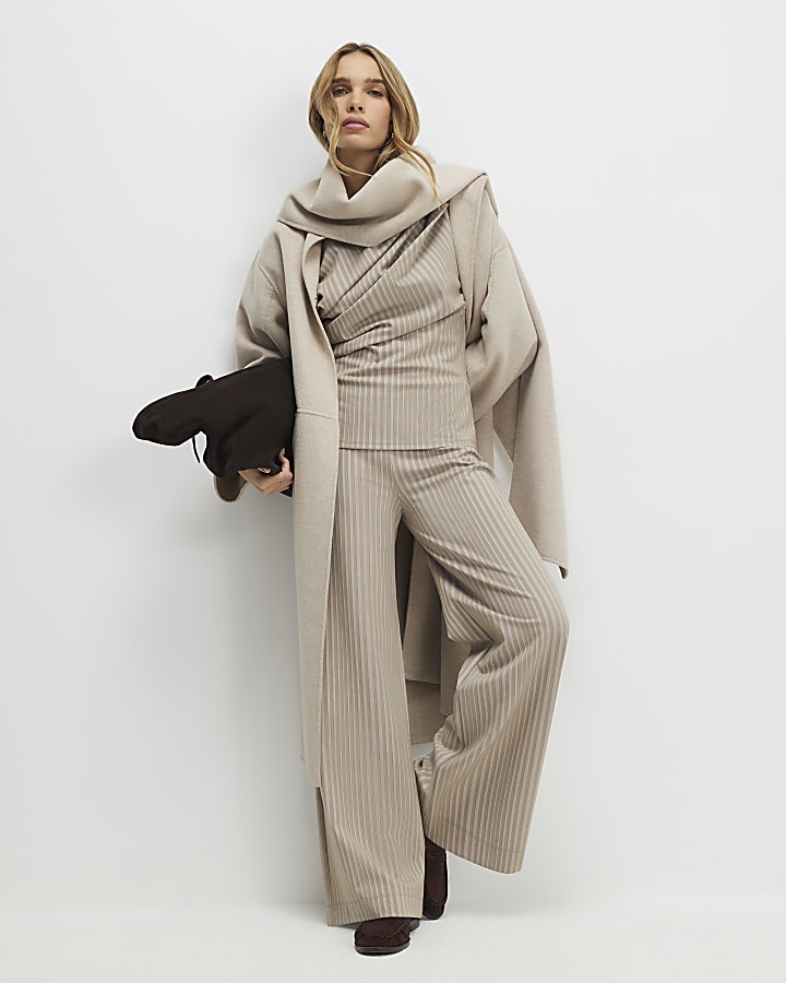 beige elasticizzato a righe pantaloni a gamba larga