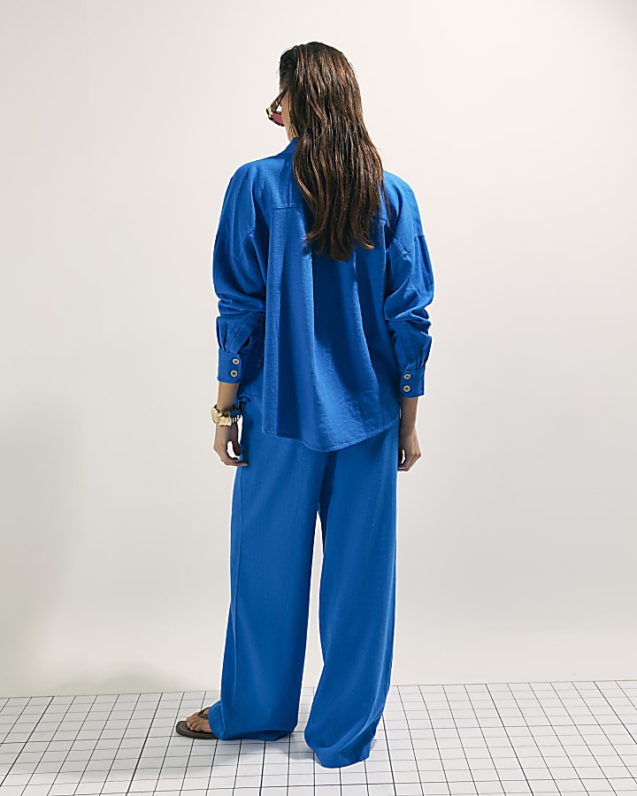 blu di lino pantaloni a gamba larga