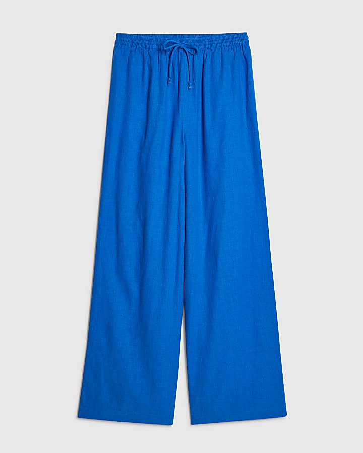 blu di lino pantaloni a gamba larga