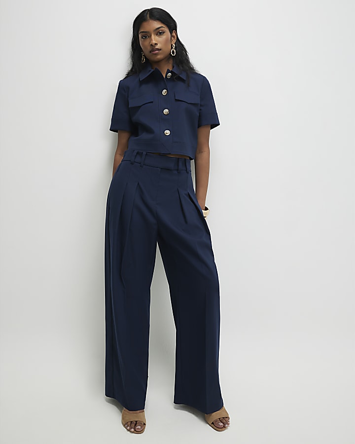 navy a vita alta pantaloni a gamba larga