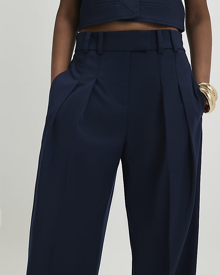 navy a vita alta pantaloni a gamba larga