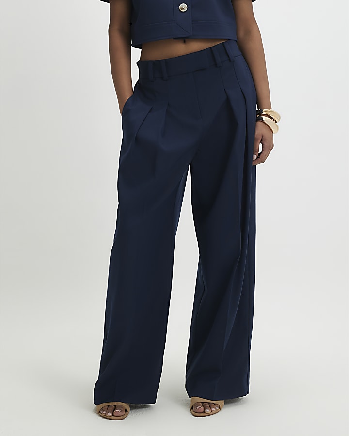navy a vita alta pantaloni a gamba larga