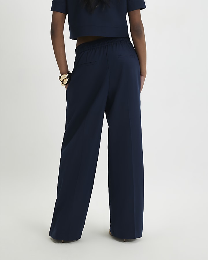 navy a vita alta pantaloni a gamba larga