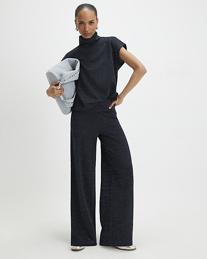navy glitter pantaloni a gamba larga