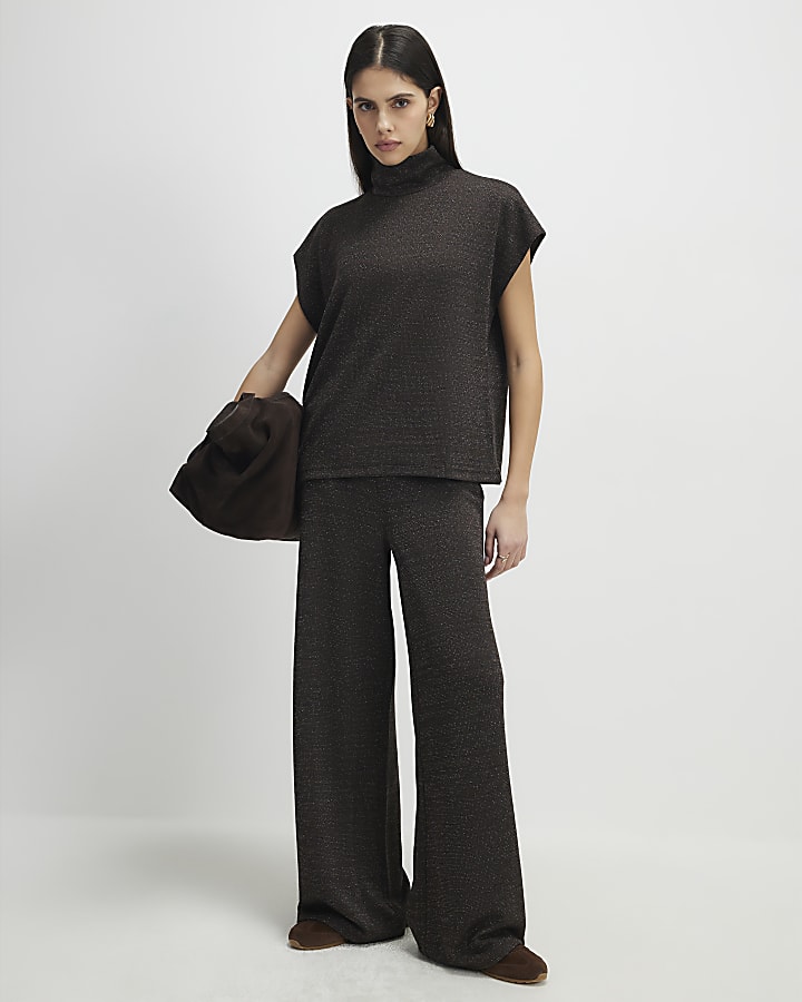 marrone glitter pantaloni a gamba larga