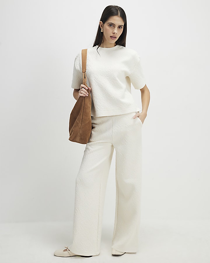 crema jacquard pantaloni a gamba larga