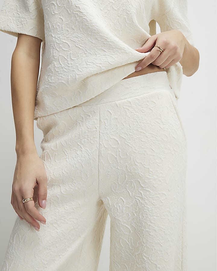 crema jacquard pantaloni a gamba larga