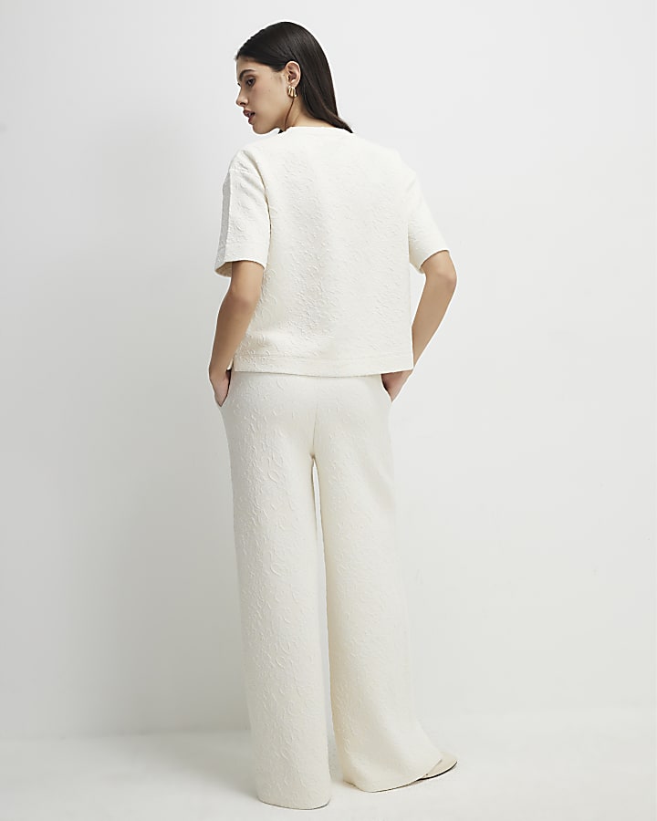 crema jacquard pantaloni a gamba larga