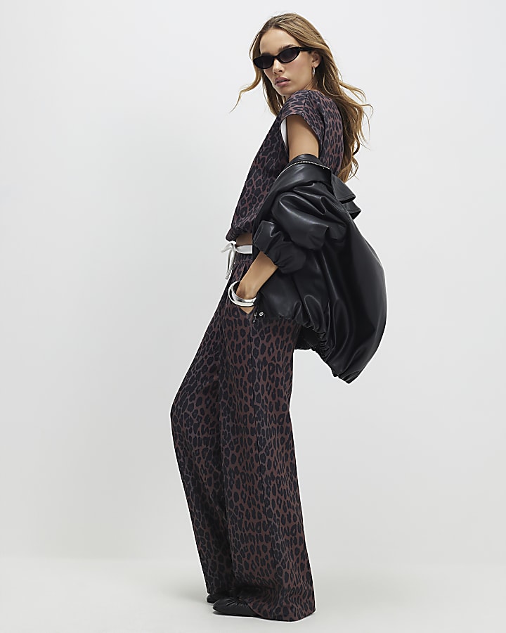 black leopard print pantaloni a gamba larga