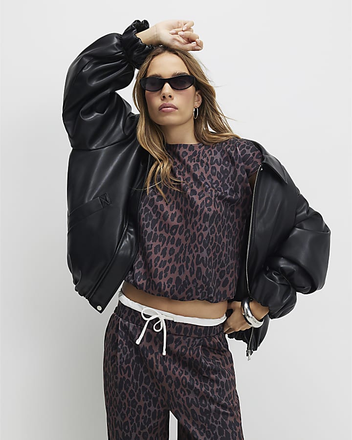 black leopard print pantaloni a gamba larga