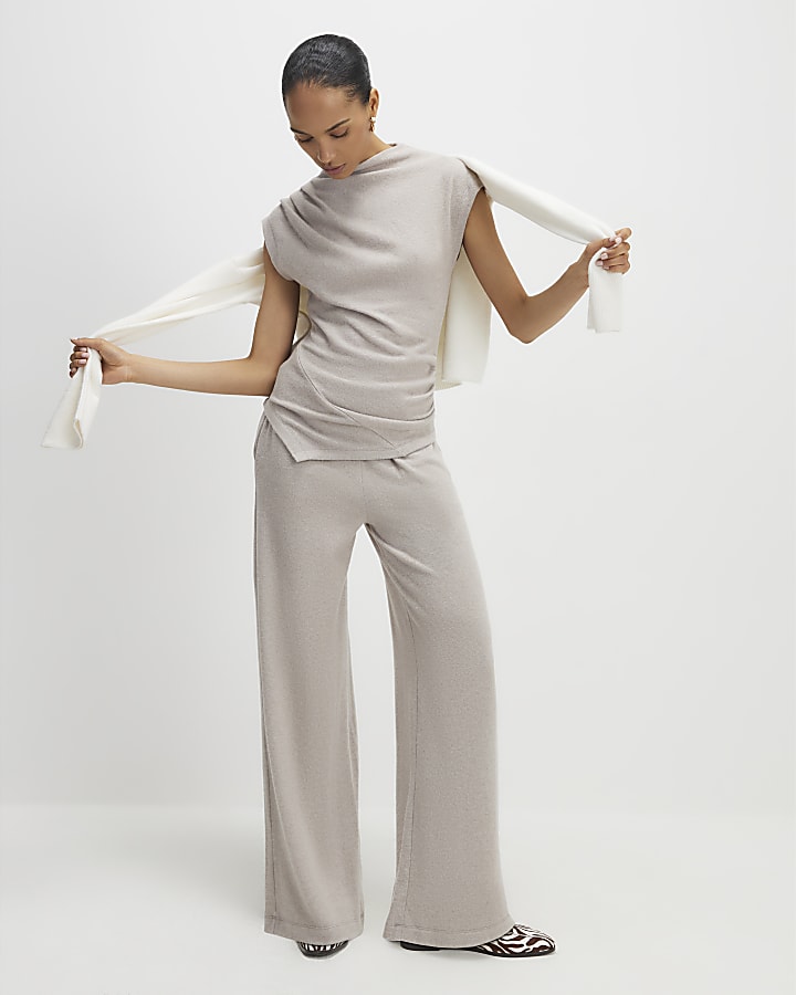 beige accogliente pantaloni a gamba larga