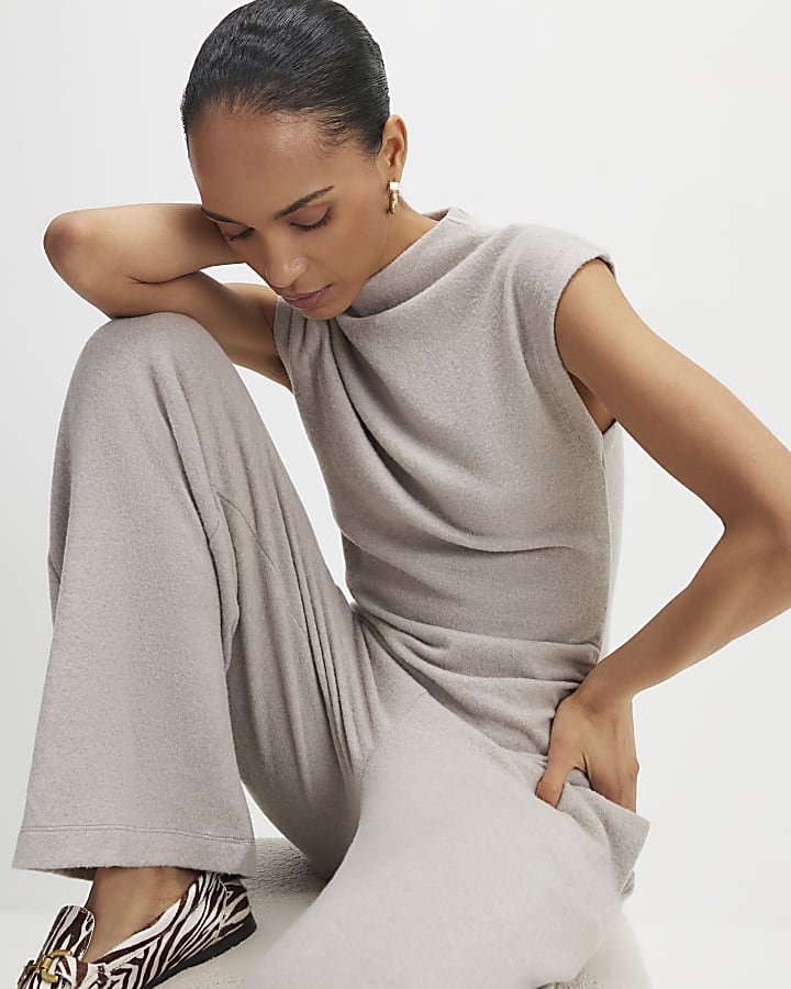 beige accogliente pantaloni a gamba larga