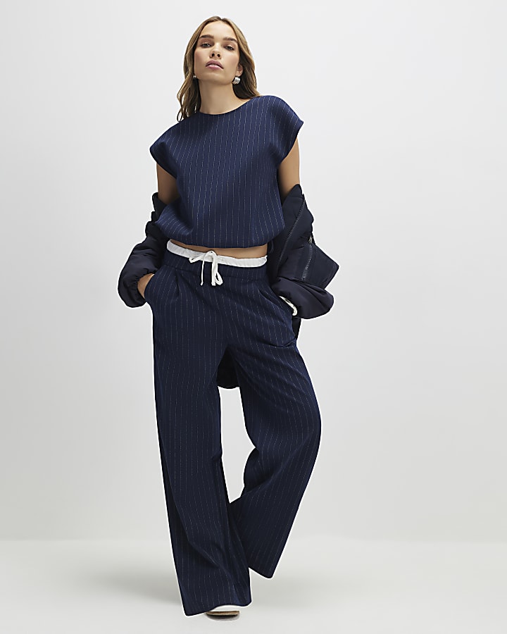 navy gessato pantaloni a gamba larga