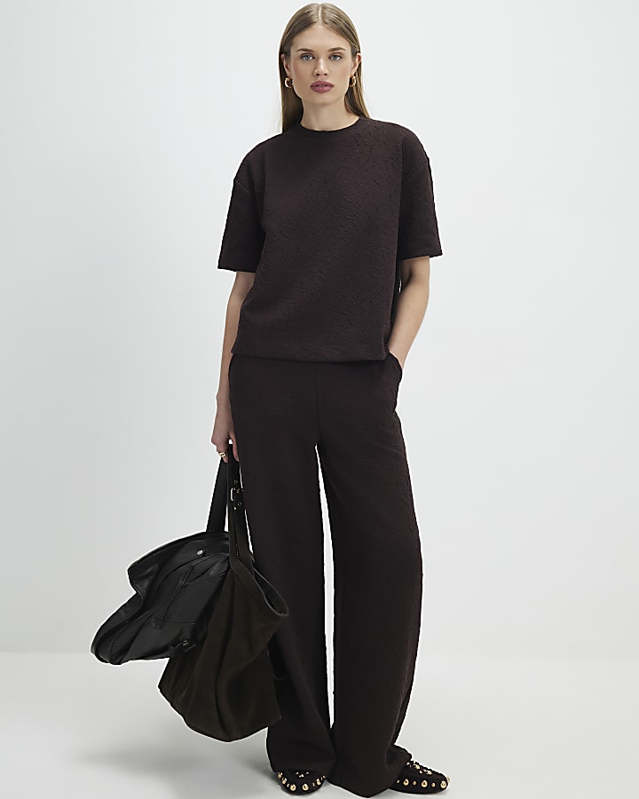 marrone jacquard pantaloni a gamba larga