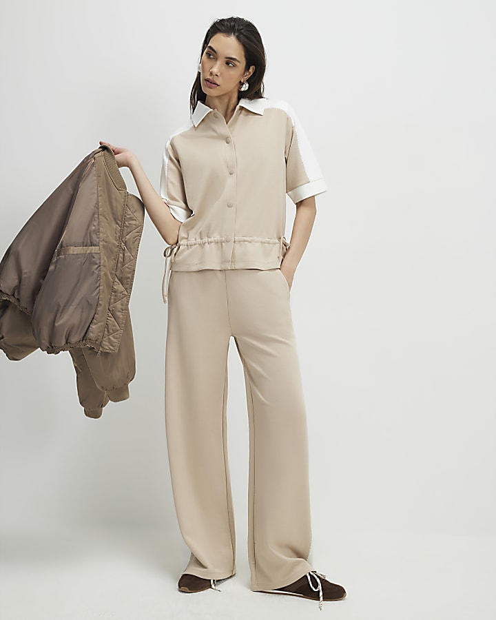 colore beige bloccato pantaloni a gamba larga