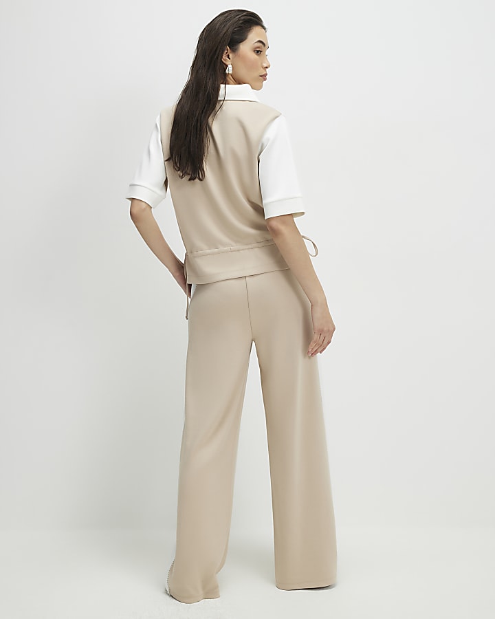 colore beige bloccato pantaloni a gamba larga