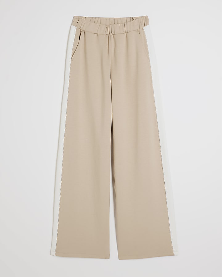 colore beige bloccato pantaloni a gamba larga