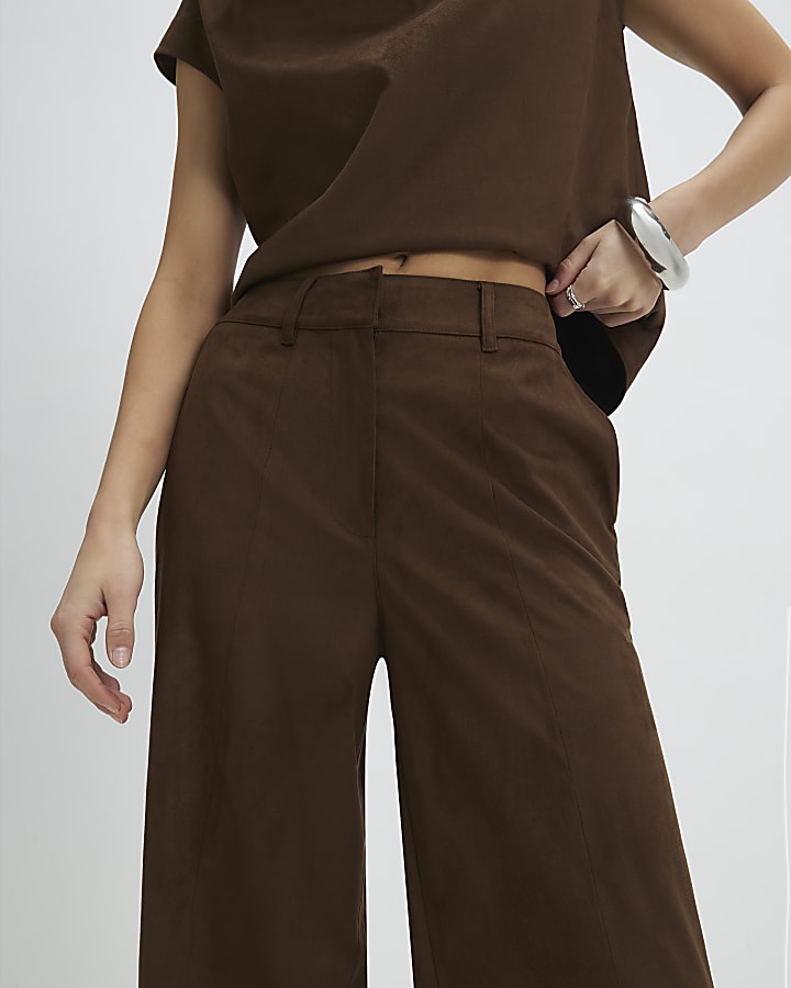 marrone finto camoscio pantaloni a gamba larga