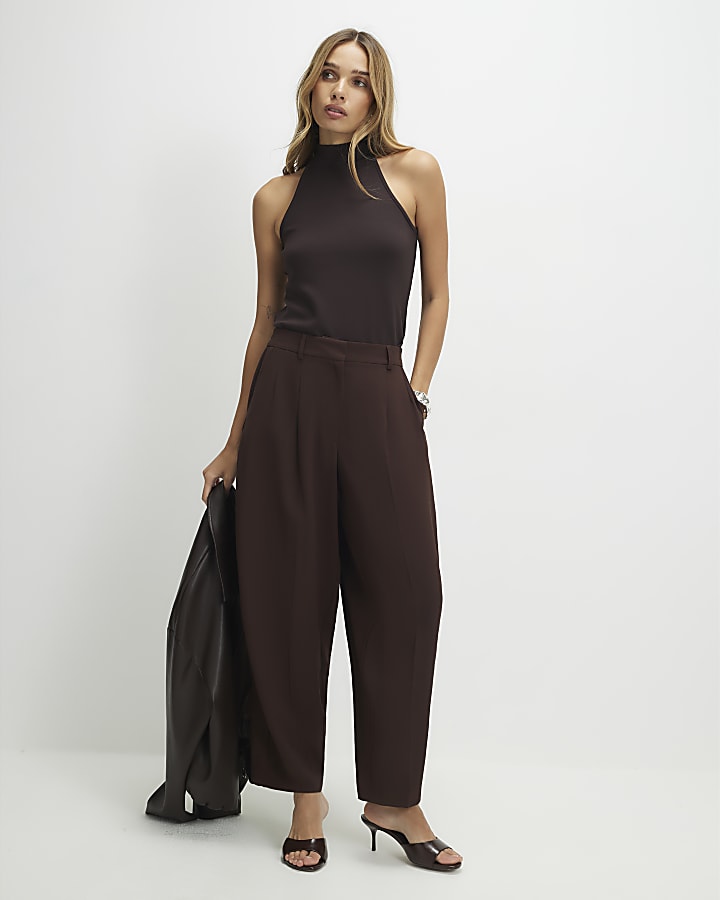marrone drapey barile pantaloni a gamba