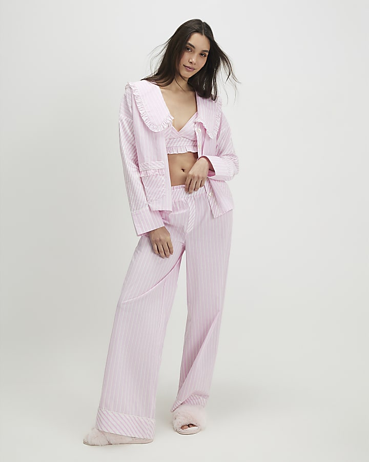 rosa colletto oversize a righe pigiama set