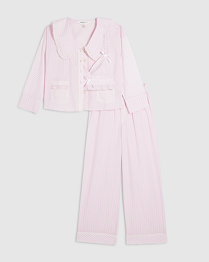 rosa colletto oversize a righe pigiama set
