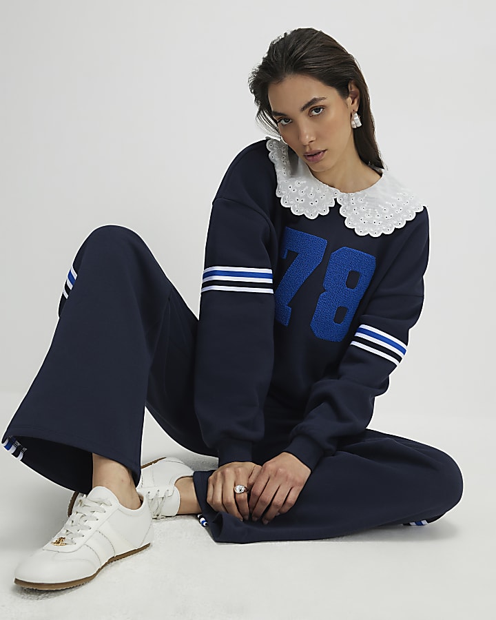 navy manica lunga con colletto numero felpa