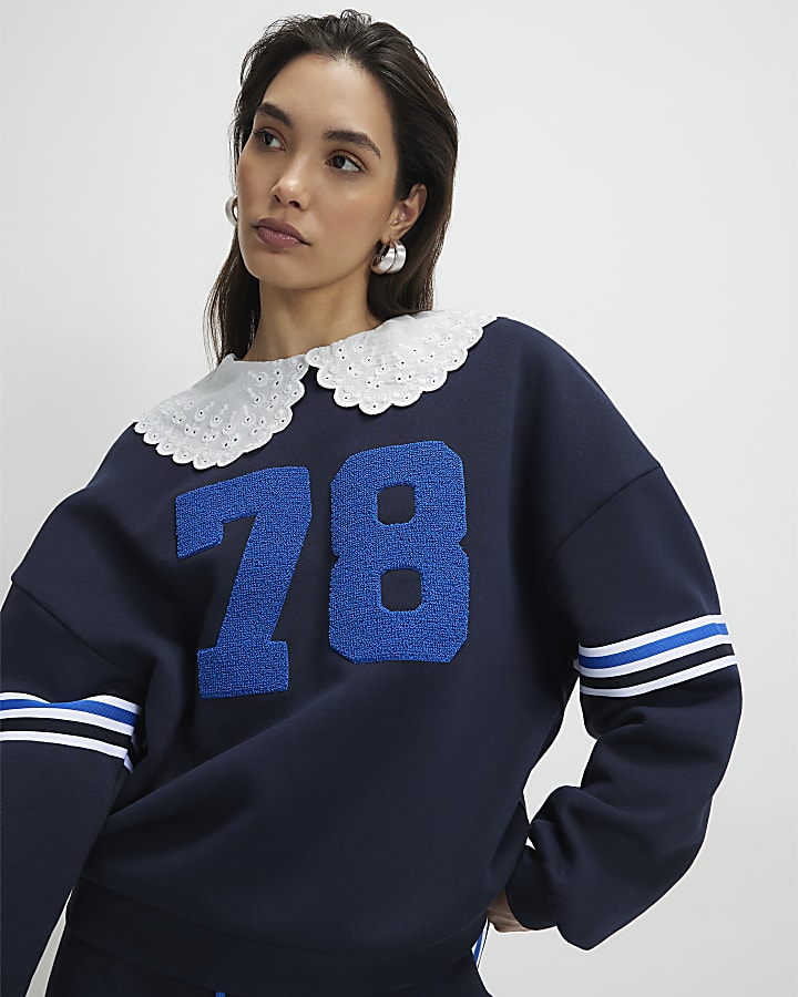 navy manica lunga con colletto numero felpa